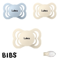 BIBS Supreme Sutter med navn, 2 Ivory, 1 Baby Blue, Symmetrisk Silikone str.1 Pakke med 3 sutter